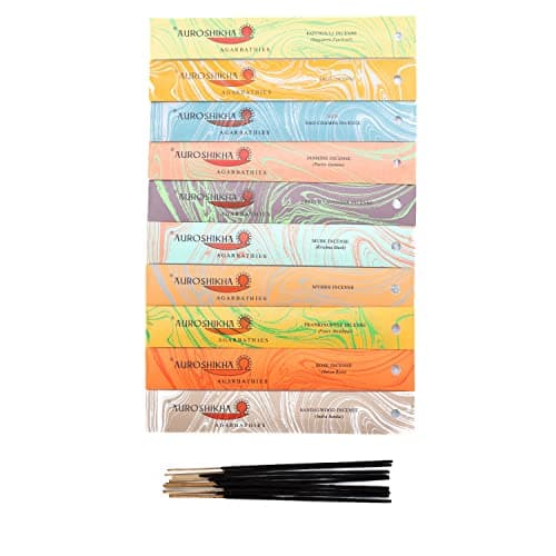 Auroshikha - 100 Bâtons d'encens - Lot de 10 boîtes: Patchouli, Sauge, nag Champa, Jasmin, Lavande, musc, myrrhe, Oliban, Rose, Bois de Santal (10 parfums - Set 1)