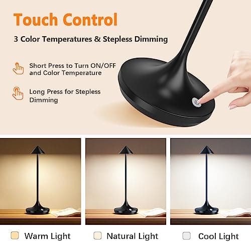 Hapfish lampe de table sans fil rechargeable LED, 6000mAh lumiere bureau élégante et simple, 3 températures de couleur, dimmable, pour chevet, restaurant, exterieur, terrasse, interieur, cuisine