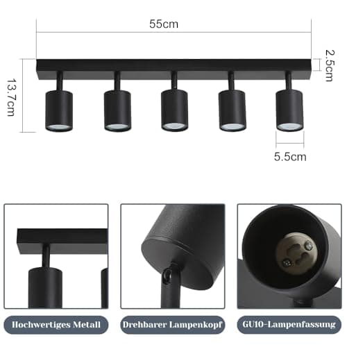 ZMH Lampe de plafond LED Spot de plafond noir : Spots de plafond GU10 5 ampoules, Spots de plafond orientables 330°, Spot de couloir moderne, Applique industrielle de salon, sans ampoule