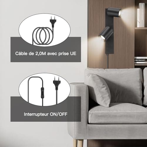 TaFiCo Applique Murale 2 Spots Interieur avec Interrupteur et Prise - Noir Lampe Murale Orientable 350°Spot Luminaire Mural Vintage pour Chambre Salon Cuisine Sans Ampoule