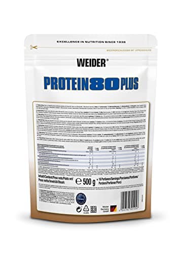Weider Protein 80 Plus protéine en poudre, Toffee-Caramel, faible teneur en glucides, mélange de lactosérum de caséine multi-composants pour shakes protéinés, 500 g