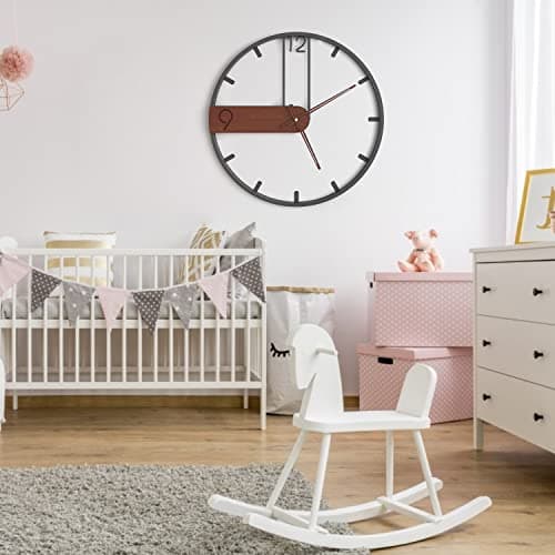 Yumyolk Horloge Murale à Cadre Rond Noir 60cm Mains en Bois Brunes Silencieuse Design Moderne Pendules murales pour la Décoration d'art de Bureau de Salon de Chambre à Coucher