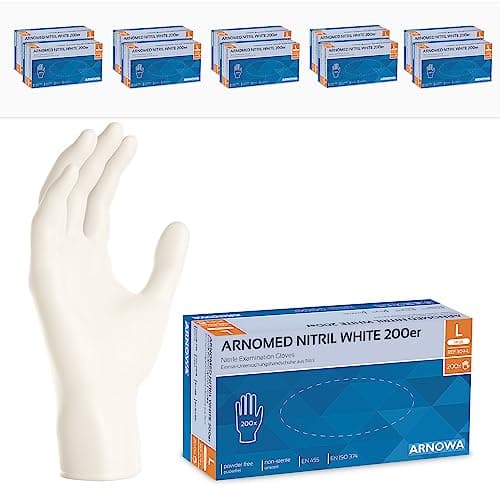 ARNOMED Gants nitrile jetables taille L, 2000 pièces (10 boîtes), gants en nitrile blanc, gant jetable non poudrés & sans latex, gants jetables, gants cuisine jetable en tailles S, M, L & XL