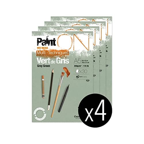 Clairefontaine 975704Cpack Bloc Collé PaintON Multi-techniques - 30 Feuilles Papier Dessin Multi-techniques au Grain Légèrement Rugueux - Vert de Gris - A5 14,8x21 cm 250g - Paquet de 4 Blocs