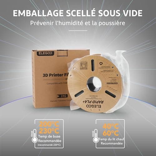 ELEGOO Rapid PLA Plus Filament 1.75mm Noir 1kg, Filament PLA+ pour Imprimante 3D pour Impression à Haute Vitesse 30-600 mm/s, Précision Dimensionnelle +/- 0.02 mm, Bobine de Carton de 1kg (2.2lbs)
