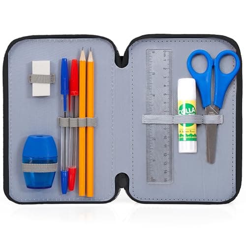 Clondo Trousse Triple Remplie Enfant, pour Batman Fan, 45 Accessoires Scolaires, 3 Fermetures Éclair, Compartiments Organisés, Crayons de Couleur, Feutres, Colle, Ciseaux