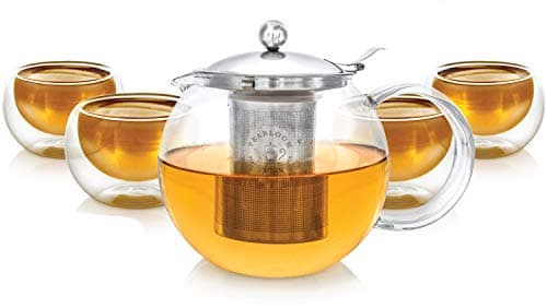 Teabloom Théière en verre compatible avec la cuisinière avec infuseur amovible (1200 ml) et quatre tasses en verre à double paroi (150 ml) – Service à thé Classica