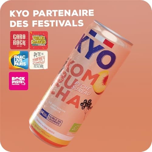 KYO Lot de 8 Canettes 33cl Kombucha Pêche Baies de Sureau bio - Pétillant - faible en sucre - sans alcool et artisanal