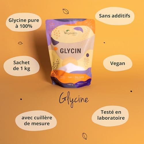 Glycine Poudre Vegavero® | 1000g (1kg) | 100% Pure, Sans Additifs et Vegan | Analysé en Laboratoire | Synthèse du Collagène & Aide au Sommeil | Avec Cuillère à Mesurer