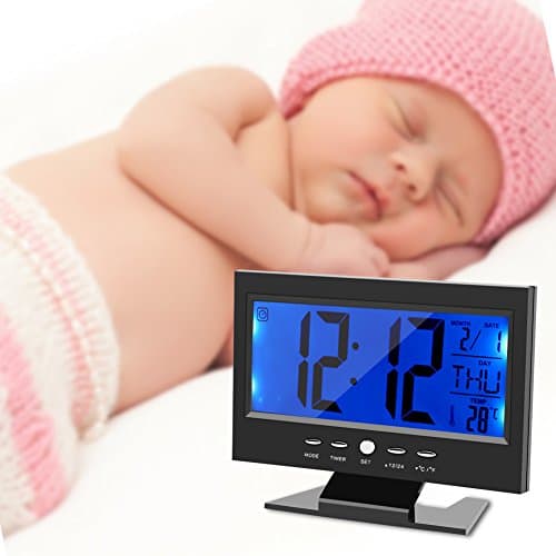Zerodis Horloge Numérique Calendrier Réveil de Bureau avec La Veilleuse Intelligente et l'Heure de Snooze/Date/Temps (Noir)
