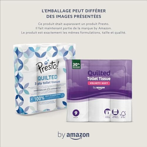 by Amazon Papier Toilette, 3 Épaisseurs Matelassé, Doux et Soyeux, 36 Rouleaux (4 Paquets de 9), 200 Feuilles par Rouleau, Certifié FSC