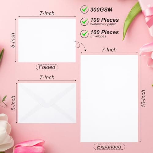 PATIKIL 100 Ensembles de Cartes Aquarelle en Coton Pure 140lb/300 GSM Avec Enveloppes Pour Peinture Artistique, Remerciements Créatifs, Format Pliable de 5x7 Pouces