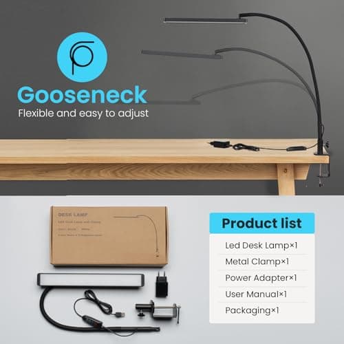 Lampe de Bureau LED, BIENSER 14W Lampe de Table Architecte Flexible avec Pince, 10 Niveaux de Luminosité X 5 Modes de Couleur, Lampe de table Réglable, Protection des Yeux, 5V/2A CE Adaptateur Incluse