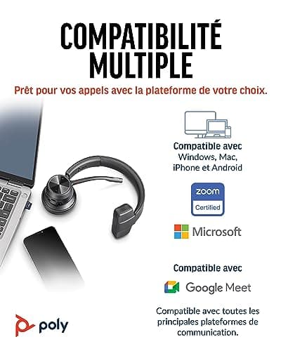 Micro-casque sans fil Poly Voyager 4310 UC (Plantronics), Micro-casque Bluetooth monaural avec microphone antibruit, Connexion à un PC/Mac/Téléphone portable via Bluetooth, Fonctionne avec Teams, Zoom