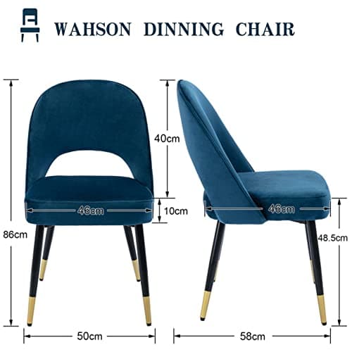 Wahson Lot de 2 Chaises de Salle à Manger, Chaise Salle a Manger en Velours Chaise Moderne avec Pieds en Métal, Chaise de Salon Rembourrées pour Cuisine/Restaurant, Bleu
