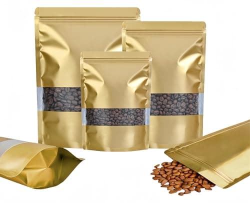 Rimiko 100 Pcs Sachets Alimentaires Debout avec Fenêtre Transparente, Sachet Zip Refermable Aluminium Stand up, Sac Pochette Mylar pour Conservation des Aliments (Doré,10x15 cm)