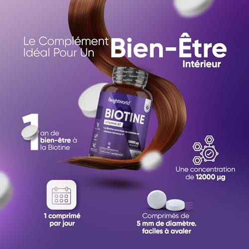 Biotine Cheveux 12 000 mcg Pure - 365 Comprimés Vegan - Cheveux, Barbe & Peau - Vitamine B7/B8 - Dosage Élevé, Sans Stéarate de Magnésium et Sans Excipient - Beauté Intérieure et Extérieure