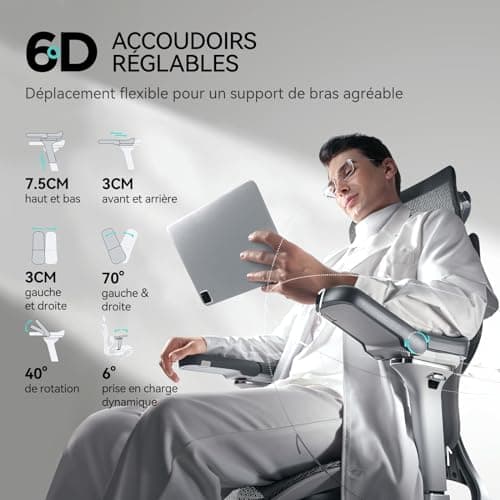Hbada E3 Pro Chaise de Bureau Ergonomique, Fauteuil de Bureau avec Repose Pieds - avec Support Lombaire Dynamique à 3 Zones, Appui-tête Réglable en 4D, Accoudoirs Réglables en 6D, Gris