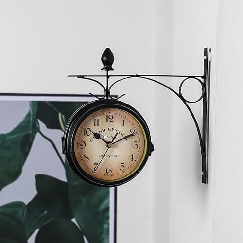Retoo Horloge de gare double face - Résistante aux intempéries - Horloge murale rétro double face - Noir - Fer rétro - Horloge murale décorative avec support - Horloge d'extérieur vintage