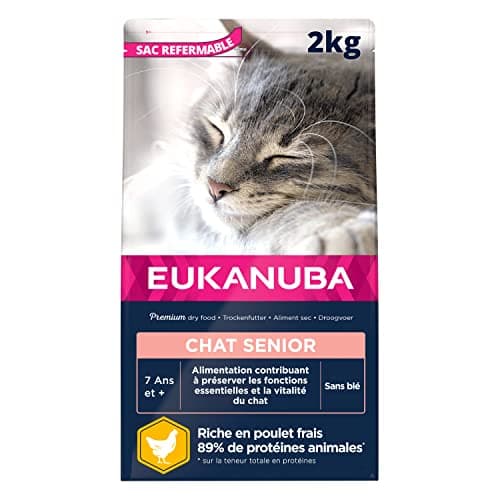 EUKANUBA – Croquettes Premium pour Chat Senior - Alimentation 100% Complète et Equilibrée - Riche en Riz – Au Poulet Frais – L-carnitine – Sans OGM, Sans Blé - Sac refermable – 2kg