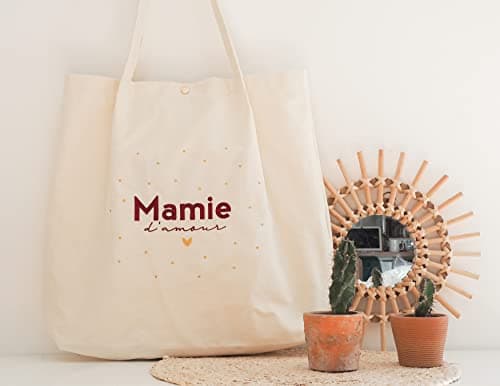 Manahia Tote Bag brodé Mamie - Mamie d'amour - Cadeau Mamie - Sac Mamie - Sac cabas Brodé avec poche - Cadeau Fête des Grands-Mères - Annonce Grossesse Mamie - Cadeau Noël Mamie - Anniversaire Mamie