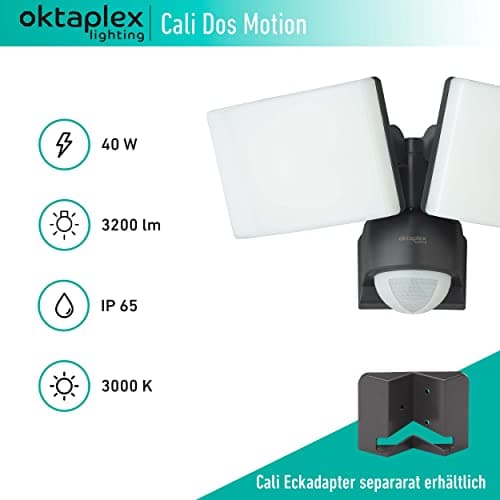 Oktaplex Lighting Spot LED avec détecteur de mouvement extérieur Cali Dos Motion - IP65 - Deux têtes 40 W 3000 K - Blanc chaud - Projecteur extérieur anthracite avec fonction maître