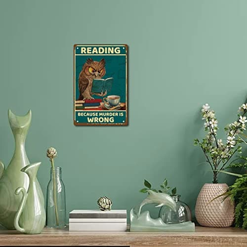 CREATCABIN Hibou Plaque Métal Lecture Parce Que Meurtre Est Faux Affiche Métal Vintage Rétro Art Mural à Suspendre Fer Peinture Plaque Animaux Drôles pour Maison Salle Bain Décoration Murale 20x30cm