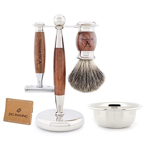 Jag Shaving Germany Kit de rasage 5 pièces avec blaireau en poils de blaireau et support en cuir pour rasoir de sûreté