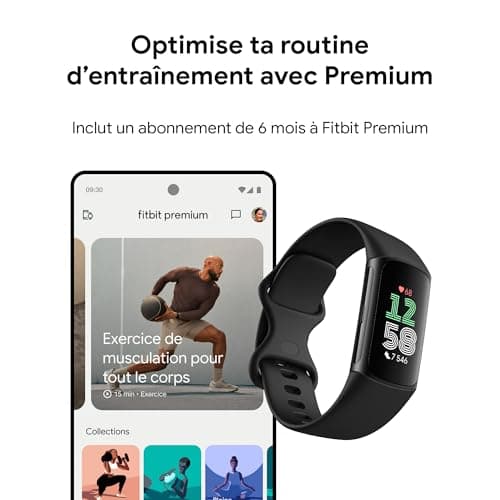 Google Fitbit Charge 6 Bracelet d'activité avec un abonnement de 6 mois à Fitbit Premium inclus, 7 jours d'autonomie de batterie, Google Wallet et Google Maps