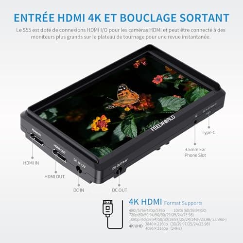 Feelworld S55 V3 6 Pouces sur Caméra Moniteur DSLR Camera Field Monitor Small Full HD 1920x1080 IPS Peaking Focus Video Assist avec 4K HDMI 8.4V DC Input Output Livré avec Batterie et Sac,Tilt Arm