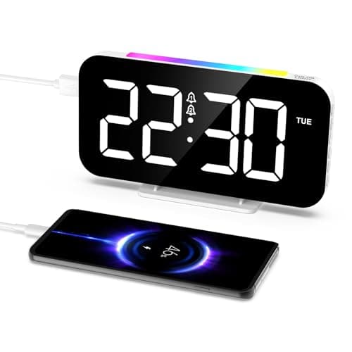 LOFICOPER Réveil Numérique, Horloge de Chevet Numérique avec 10 Modes de Lumière de Nuit RVB, Grand Écran de 16,8cm, 5 Luminosités Réglables, Double Alarme, Répétition, Port de Charge USB