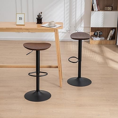 Kidol & Shellder Tabouret de Bar Bois Massif Métal Chaise de Comptoir sans Dossier Rotation 360° Comptoir de Cuisine Hauteur Réglable Noyer Set de 2 Pièces...