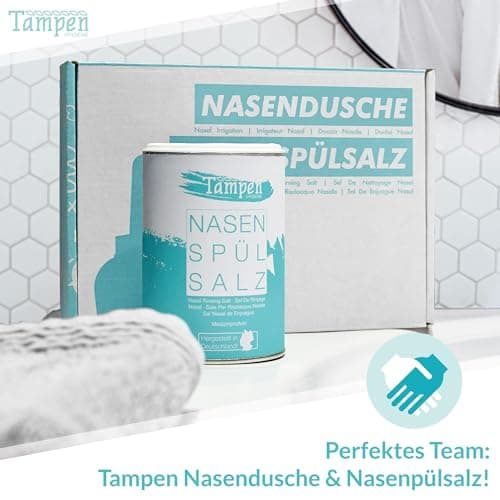 Tampen Douche nasale avec 120x Sel de rinçage nasal (300g) et 1 cuillère à mesurer · Lavage nez pour Adultes et Enfants premium