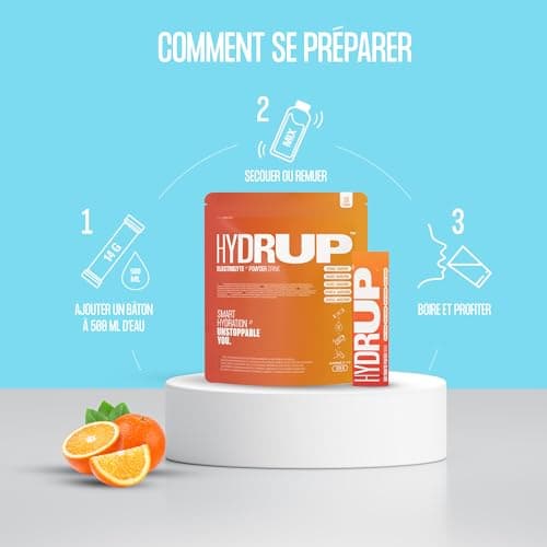 Hydrup electrolytes hydratation en poudre - Formule en poudre avec vitamines et minéraux pour une hydratation rapide - 1733 mg d'électrolytes par portion (16 unités, Orange-Mandarine)
