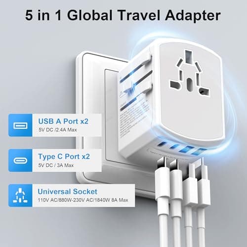 Adaptateur Prise Universelle Voyage International - 5 in1 Travel Adapter Internationale avec 2 USB 2 Type C et 1 AC Universel France vers UK USA Australie Thailande Japon Yioihnm