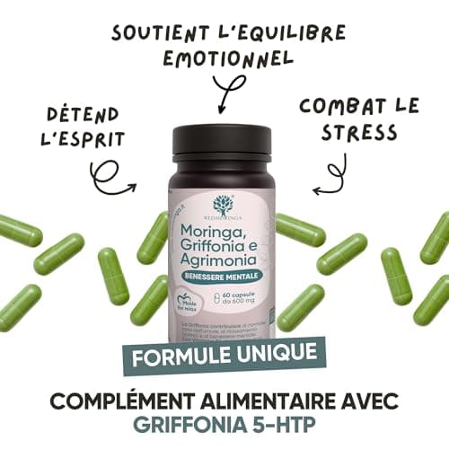 Griffonia 300mg 5-HTP Tryptophane | Avec Agrimony fleur de bach stress anxiété, Vit B6, Moringa BIO | Unique en France | Complément stress anxiété angoisse, BienÊtre Mental | RedMoringa 60 Gélules