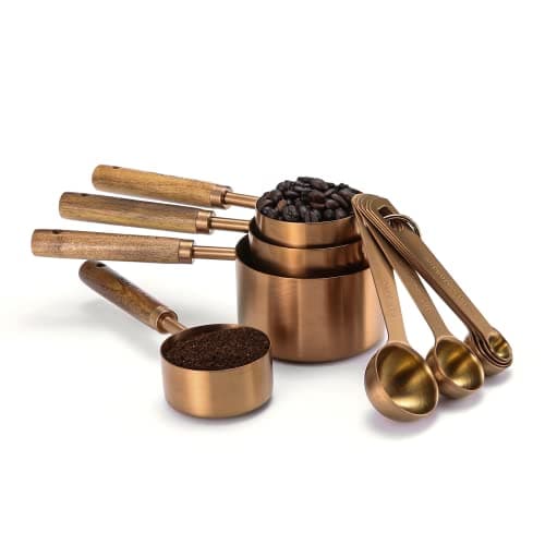 Home Bay Measuring Cups and cuillers Set,10 pièces avec manche en bois, revêtement de titane acier inoxydable, Or Rose (Couleur or rose)