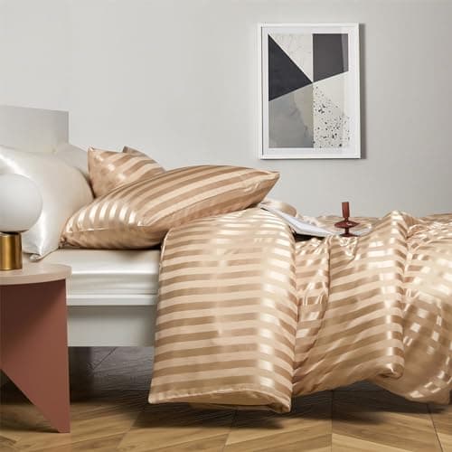 YASMENG Housse de Couette Satin 220x240 Beige Or Rayé Brillant Deluxe Satin Parure de Lit Satin Doux Soyeux Soie Linge de Lit 2 Personne Adulte avec Fermeture Éclair avec Taies d'oreiller 65x65 cm