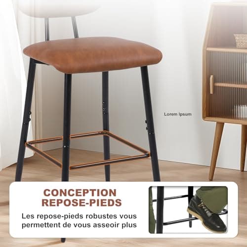 Nusetx Tabouret de Bar Lot de 2 Chaise de Bar avec Dossier et Repose-Pieds, Tabourets Haute pour Cuisine Salle à Manger Bistro, Chaise 65 cm de Haut, Brun