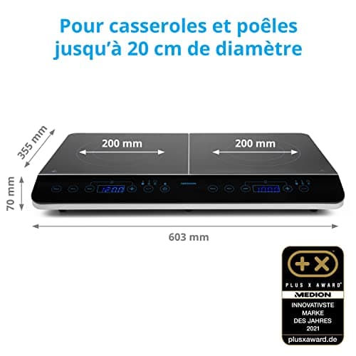 MEDION Plaque de cuisson double à induction (3500 Watt, Deux plaques de cuisson electrique, 2 feux, 10 niveaux de température, portable, écran LED, MD15324) noir