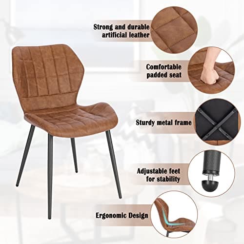 WOLTU Lot de 4 Chaises Salle à Manger, Chaise Scandinave, Chaise de Cuisine, Chaise Salon, Assise Rembourrée, Chaise en Simili Cuir, Brun, Pieds en Métal, BH357br-4