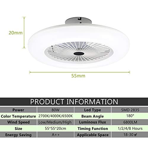 Jopassy Ventilateur de plafond, éclairage 80W, lampadaire LED Ø55cm Lustrateur, avec ventilateur et télécommande, température 3 vitesses et 3 couleurs
