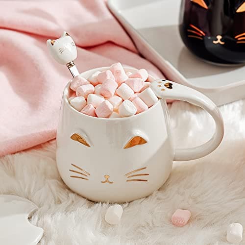 SHENDONG Tasse chat blanc Jolie tasse à café en céramique avec couvercle et cuillère Kawaii Nouveauté Morning Cup Tasses à café- Animaux 3D Tasses de chat pour les amoureux des chats Femmes Cadeaux