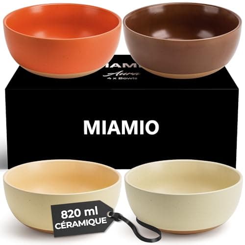 MIAMIO - Ensemble de 4 bols à soupe en céramique de 750 ml/Ensemble de bols à céréales pour salade, avoine, fruit, riz - Compatible lave-vaisselle et micro-ondes - Collection Aura