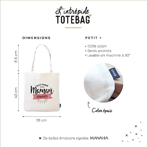 Manahia Tote bag Cadeau Maman - Petit bazar d'une Maman Débordée - 100% Coton - Sac Maman - Sac Cabas - Cadeau Noël, Anniversaire Maman - Annonce Naissance - Cadeau Fête des Mères - Future Maman