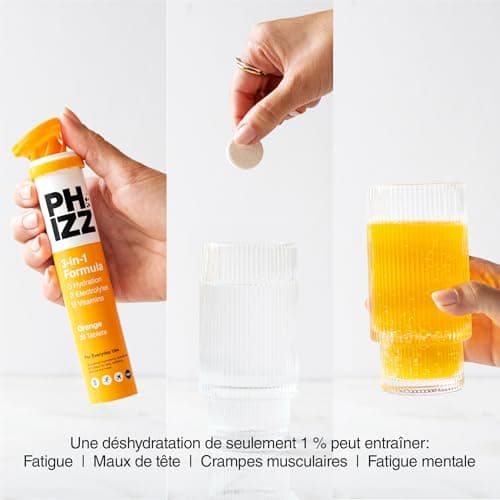 Electrolytes Phizz, Multivitamines & Comprimés d'hydratation - 20 comprimés de réhydratation effervescents - 18 vitamines et minéraux, vitamine C et hypocalorique (60 Comprimés, Orange)