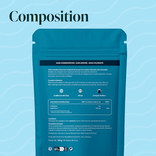 Collagène Marin Poudre Type 1 et 3, Non Aromatisé, 5g par jour, Cure de 30 jours, Peptides Hydrolysés 2000 DA, Peau Hydratée & Articulations Souples, Sachet 153g, Essentials by Novoma