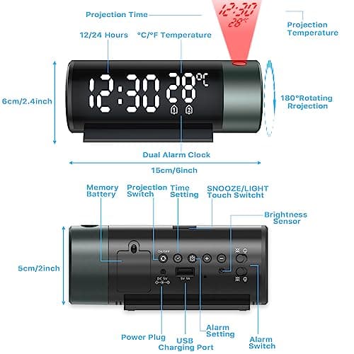 YUNYODA Reveil Projecteur Plafond, Horloge Digitale Projecteur 180°,Réveil Projection avec Température, Snooze, Mode Nuit, Affichage 12H/24H,Luminosité Réglable, Horloge Numérique pour Chambre, Bureau
