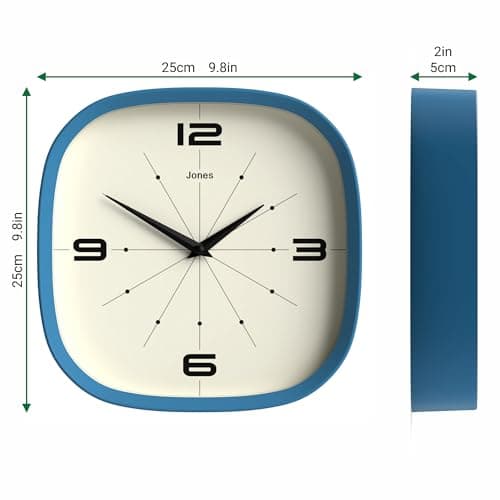 JONES CLOCKS® Horloge Murale Pulsar | Horloge rétro carrée Arrondie | 25 cm | Bleu | Look de Designer Cool pour Cuisine, Salon ou Bureau