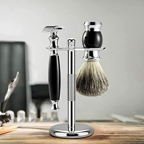 GRUTTI Support pour rasoir et brosse, support de luxe en chrome pour rasoir et brosse pour rasage humide, Support de rasage pour hommes, adapté au couteau à raser et à la brosse à raser - Argent